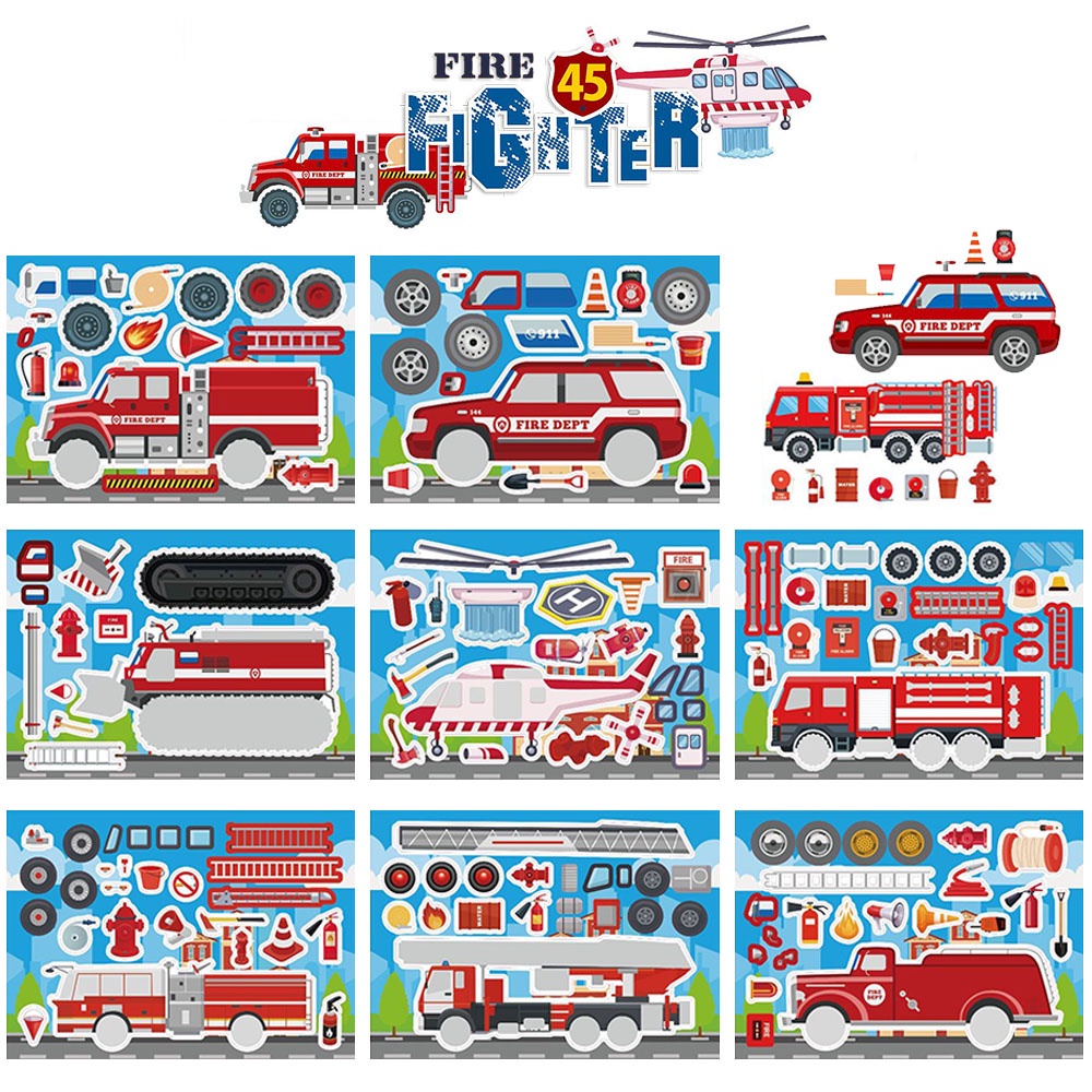 8Pcs Fire Fighter and Red Rescue Transport Car Helicopter Series Puzzle Stickers for Children DIY Face Stickers Love Reward Stickers