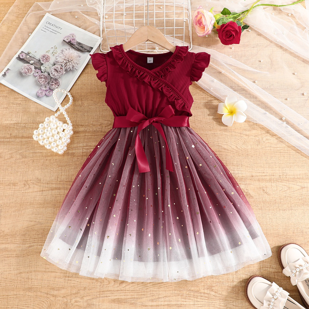 [Selangor Fast Delivery] Baju Kanak-Kanak Perempuan 2-7 Tahun Kids Girls Dress Gradient Tulle Star Sequins Gaun Short Sleeve with Removable Belt 3 Warna Maroon Emerald Green Purple Baju Raya Party Wear Budak Perempuan