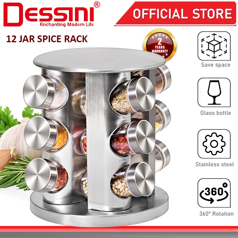 DESSINI ITALY 12 IN 1 Rotating Spiral Spice Tower Rack Glass Bottle Organiser Salt Storage Jar Condiment Canister