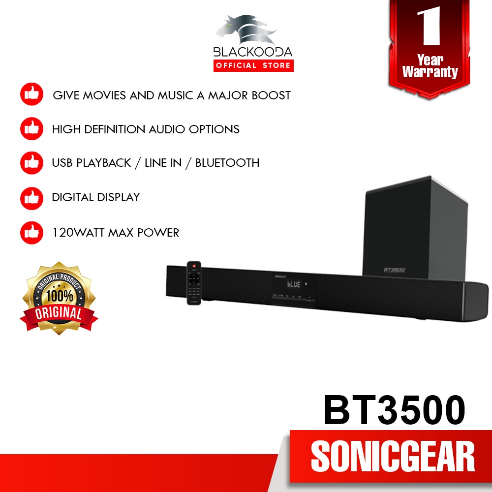 SonicGear SonicBar BT3500 Sound Bar and Subwoofer | Optical Line-In | Coaxial Line-In | Bluetooth 5.0 | FM