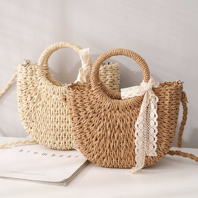 Summer Half Moon Handmade Straw bag tote bag beach Shoulder Crossbody Bags for Women Small Rattan Woven Ribbons Handbag
