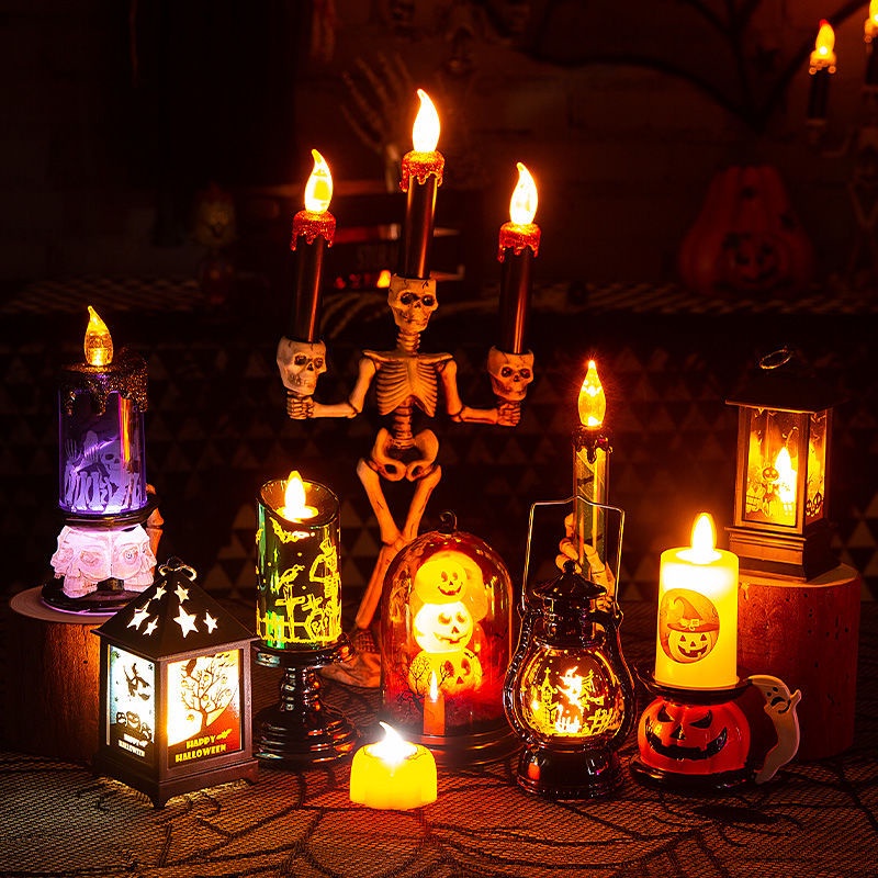 Halloween Skull Lamp Halloween LED Decoration Lights Horror Statue Table Light Candle Light Ornament Haunted House Props Home Party Decoration