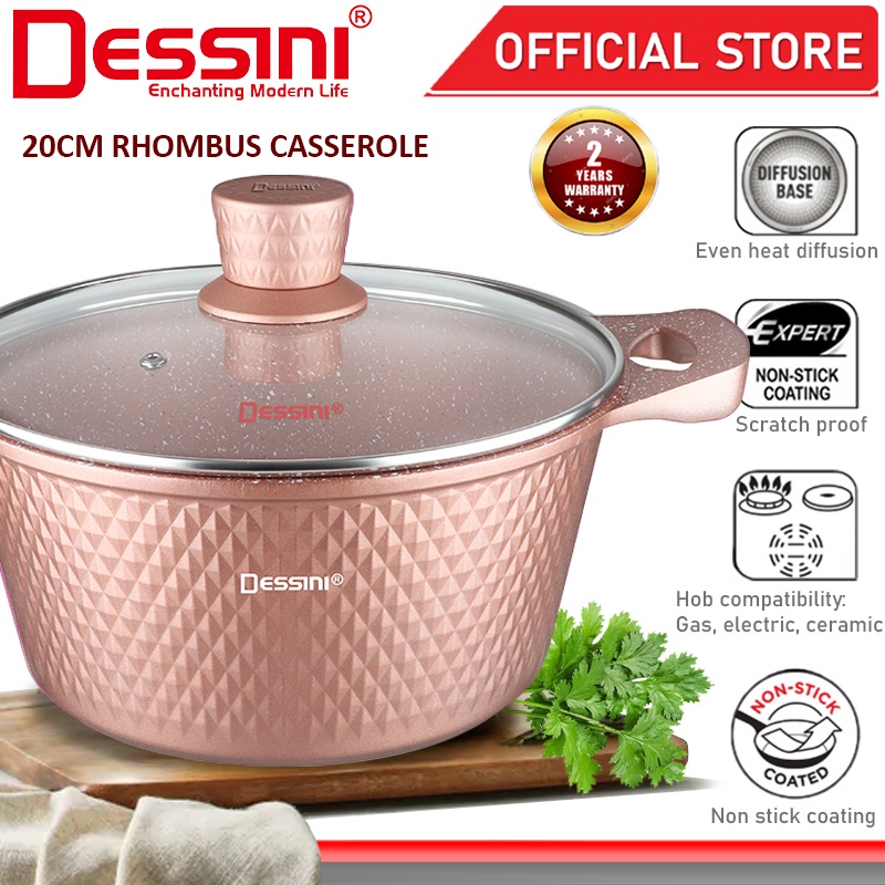 DESSINI ITALY 20CM Rhombus Casserole Die Cast Aluminium Non Stick Pot Bowl Pan Cookware Tool with Cover Periuk