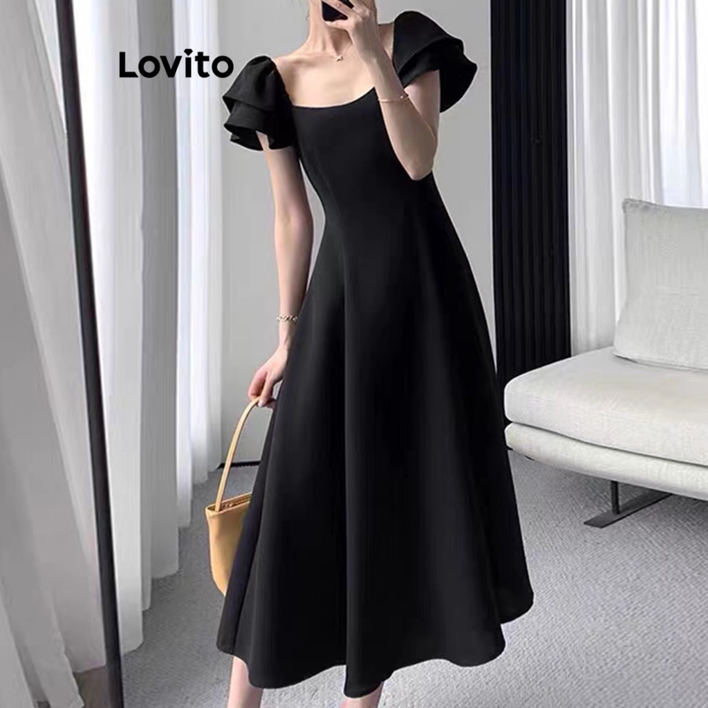 Lovito Boho Plain Ruffle Square Neck Dress for Women LNE17111 (Black) Gaun Leher Persegi Kerut Polos Boho Lovito untuk Wanita