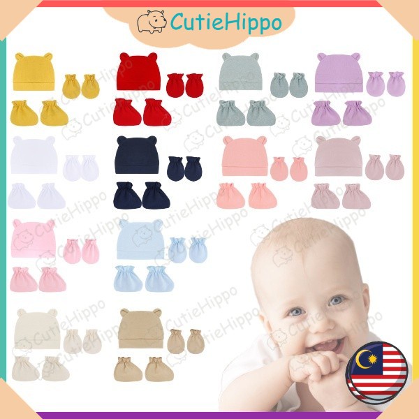 (Cute Ear) Newborn Baby Hat Baby Mittens Booties Set Baby Anti Scratching Gloves Infant Beanie Cap Bayi Sarung Tangan