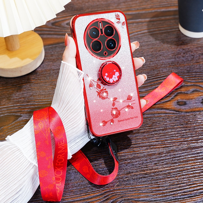 Casing Huawei Mate 50 40 30 pro P60 P50 P40 P30 60 p p50e Pro phone case candidate electroplated gradient glitter Chinese New Year red cover ring holder lanyard