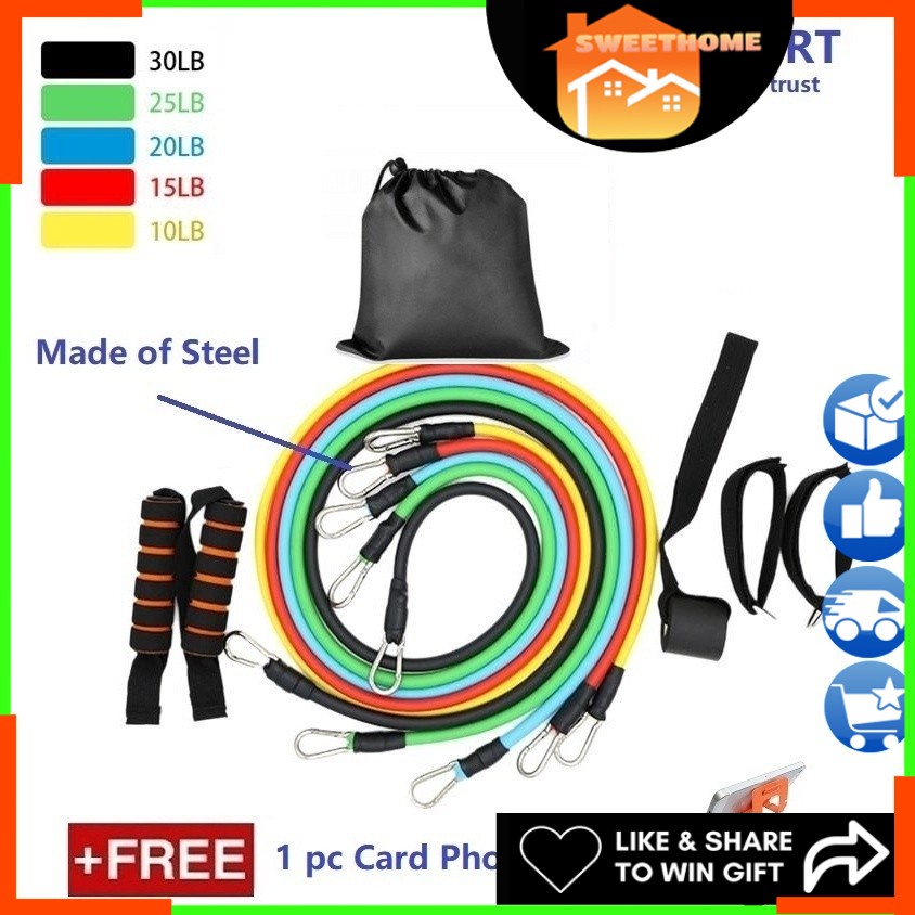 80% discount EcoSport Premium 11Pcs Exercise Latex Resistance Bands (high grade steel hook) + FREE Card Phone Holder