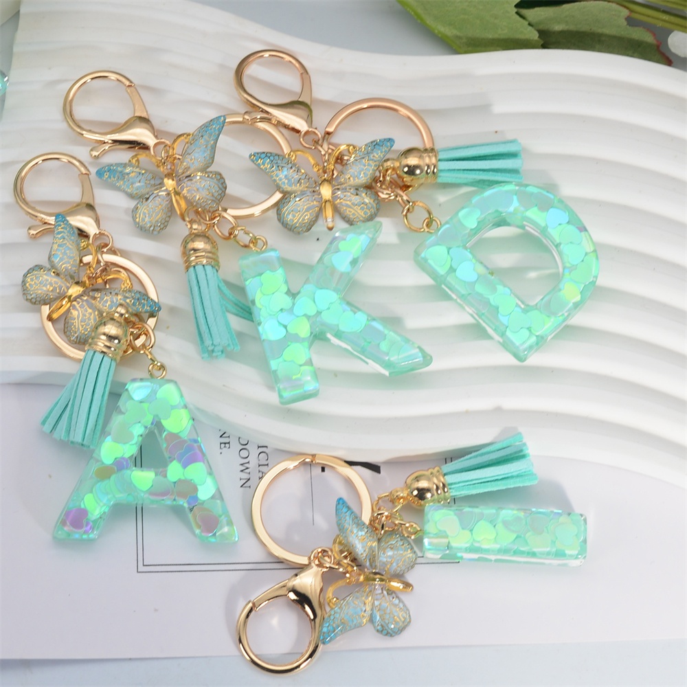 Fashion Green Tassel Butterfly 26Letter Keychain Heart-shaped Sequin Filled Resin Alphabet Keyring for Women Car Handbag Pendant