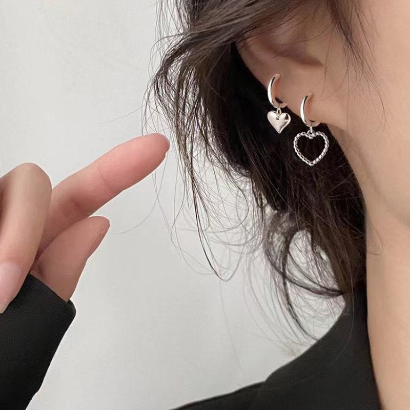 JOJO COCO S925 Silver Needle Asymmetric Earrings for Women Sweet and Simple Hollow Love Earrings