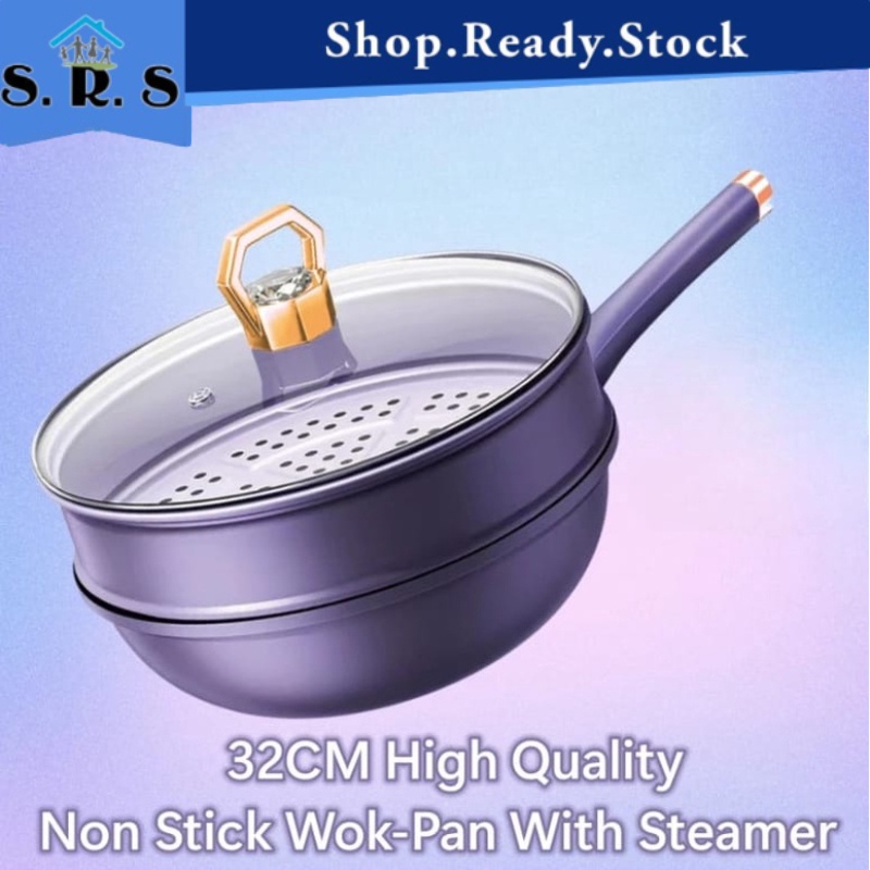 SRS_ Household Medical Stone Non-Stick Pan Diamond Queen Pot with Lid with Steamer   Frying Periuk Pengukus