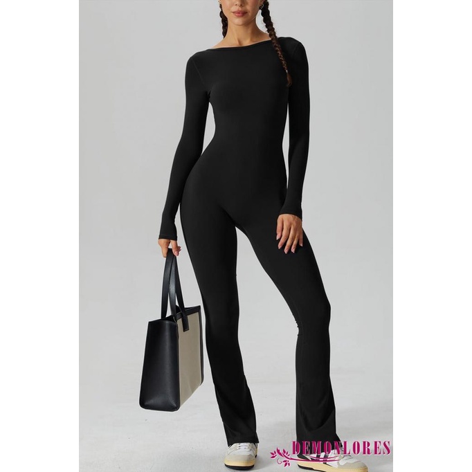 DEMONLORESM-Women Flare Leg Jumpsuit Long Sleeve Open Back Solid Color Playsuit Streetwear
