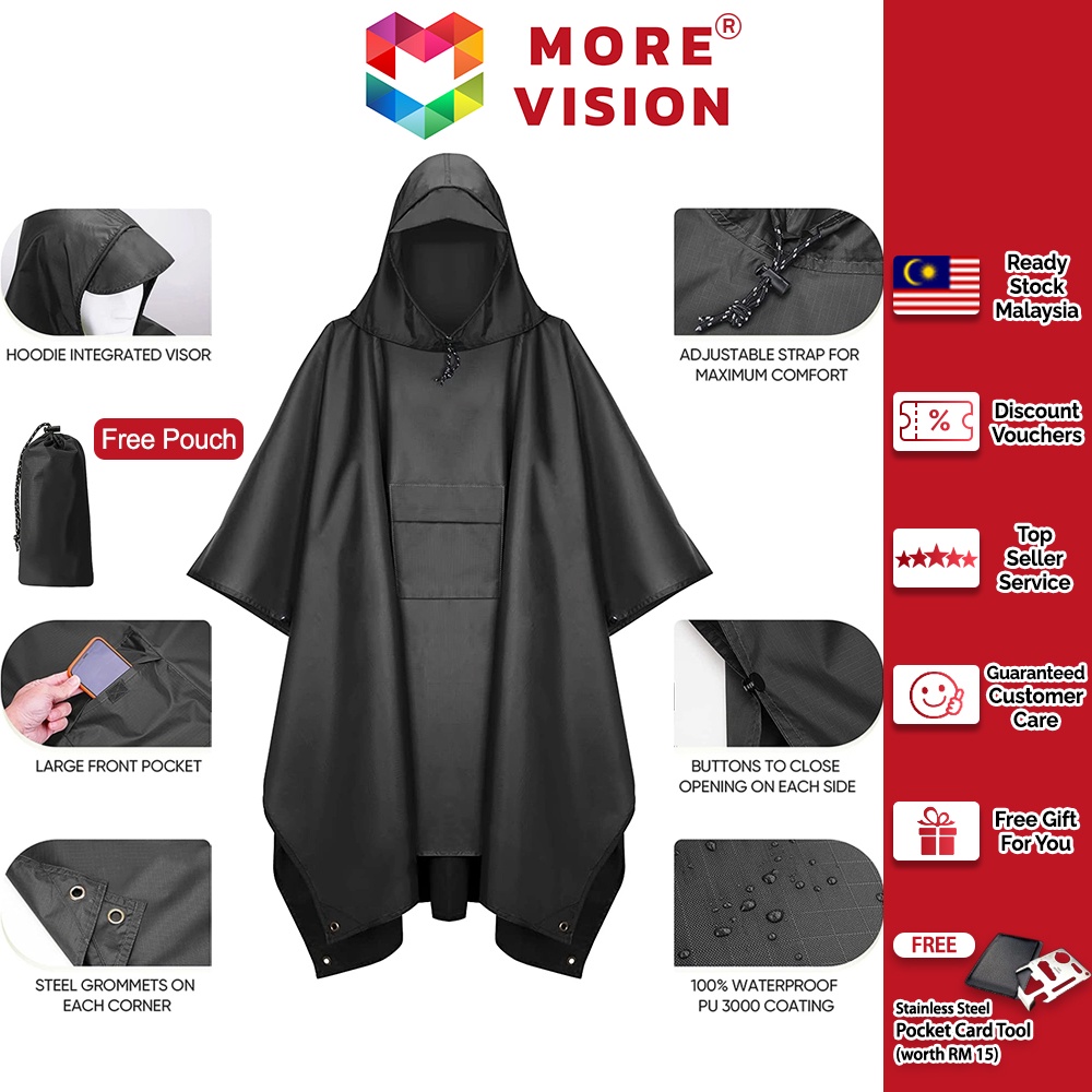 3 in 1 Hooded Waterproof Raincoat Poncho Lightweight Hood Hiking Cycling Rain Cover Coat Outdoor Camping Tent Mat