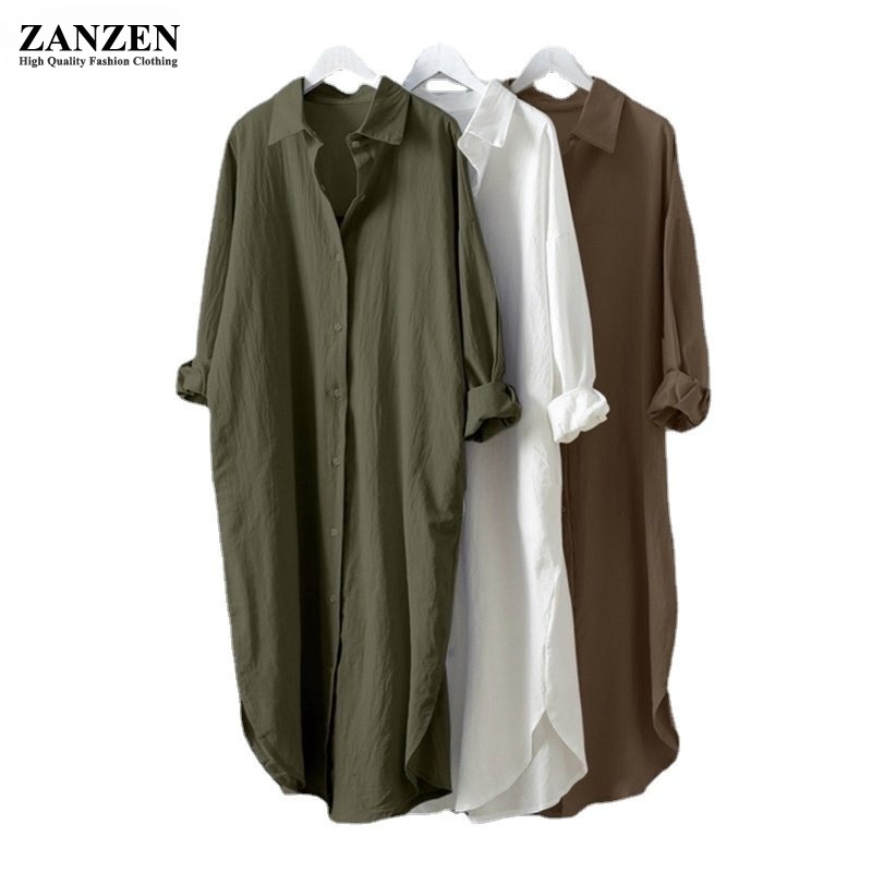 ZANZEN Orimoza Tunik Jumbo Polos Crinkle Airflow Grace Maxi Dress Korean Style/Dress Casual Kemeja Panjang