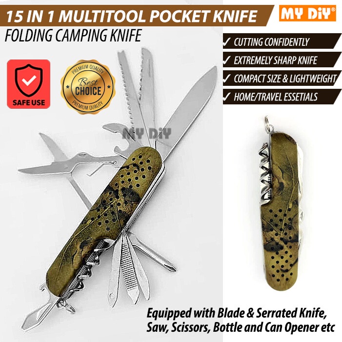 MYDIYHOMEDEPOT - 15 IN 1 Multitool Pocket Knife Multi function Survivor Knife Adventure Outdoor Camping Tool