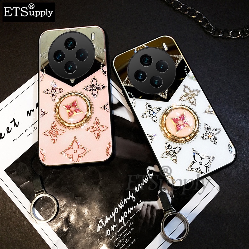 Phone case Vivo X100 Pro Case Navigation Ring Holder Luxury Diamond Clover Mirror Back Cover Vivo X100 case with Lanyard