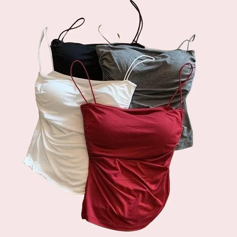 【Ready Stock】Solid color sexy backless waist slimming pleated camisole women's versatile inner top with breast pads
