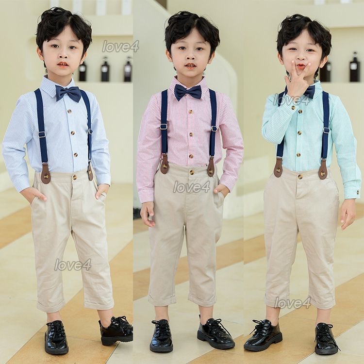 Flower Boys Gentlemen Formal Attire Suits Kids Newborn Baby Birthday Costume Children Clothes Plaid Shirt Suspenders Pants Wedding Party Green Blue Pink Dress 3M-7Y