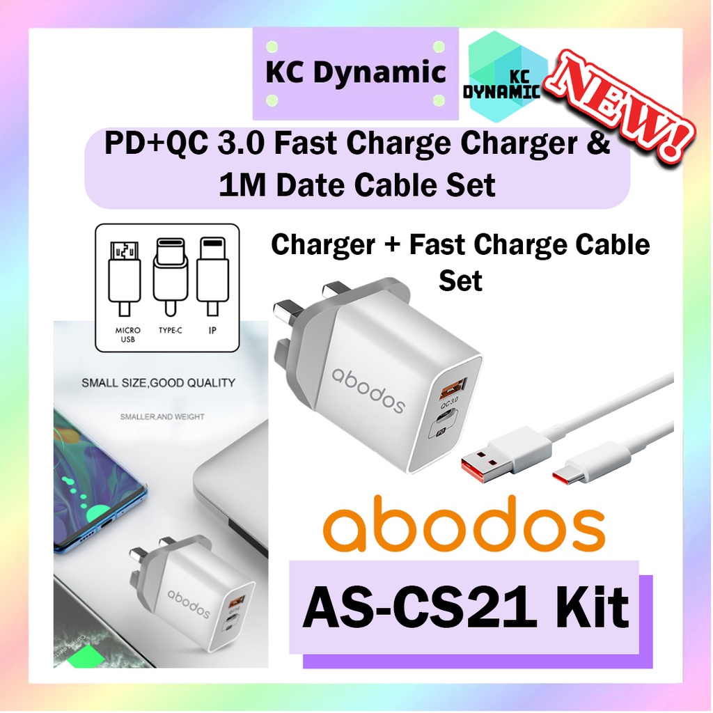 Abodos AS-CS21 Kit PD QC 3.0 Fast Charge Kit Data Cable Set UK Plug 3 Pin Charger Adaptor