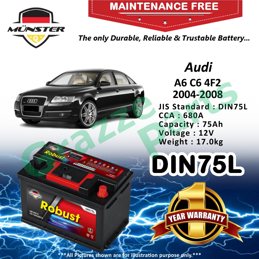 Münster Robust MF CMF DIN75 | DIN75L | 57539 (75AH) Car Battery Bateri Kereta for Audi A6 C6 4F2 200
