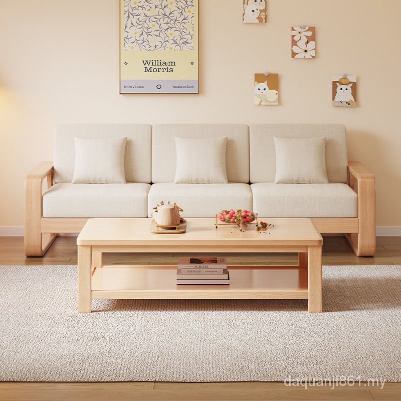 South China Three People All Solid Wood Sofa Living Room Small Apartment Combination Sofa Nordic Simple Removable Washable Fabric Sofa