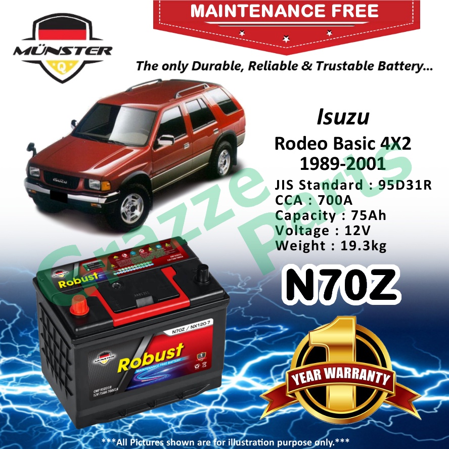 Münster Robust MF CMF N70Z | N70ZR | NX120-7R | 95D31R (75AH) Car Battery Bateri Kereta Isuzu Rodeo 