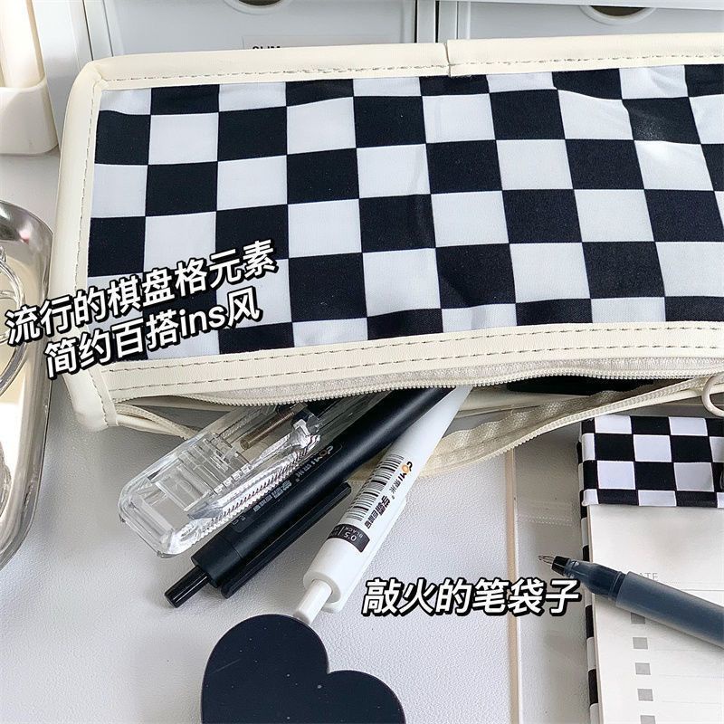 Casual Daily Ohaya Double-layer transparent checkerboard pencil case waterproof pvc black white pen bag Large capacit... - Image 4