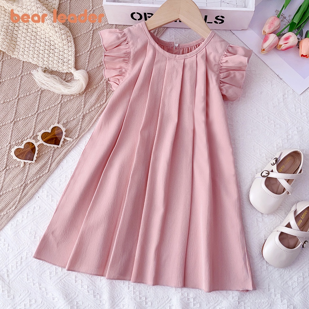 Bear Leader 3-7 Years Old Baby Girls Princess Dresses Round Neck Summer Solid Color Kids Dress Flying Sleeve Pleated Pink Girl Clothes