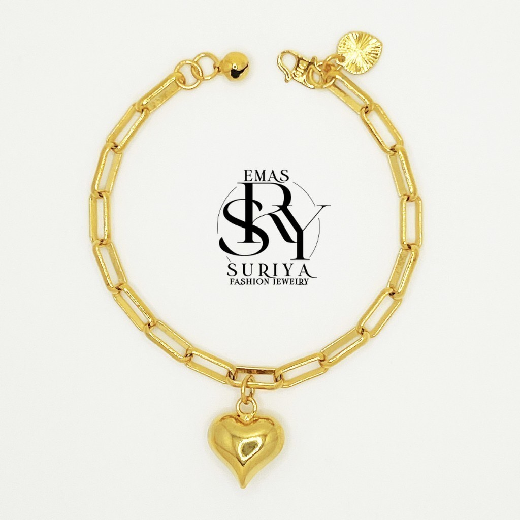 Emas Suriya Gelang Bracelet Rantai Tangan Paperclip Love Tengah (S Hook) Emas Sadur 24K Emas Bangkok Emas Ko