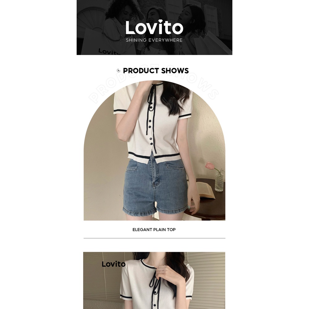 Purpose Multi Lovito Elegant Plain Tie Front Contrast Binding Button Knit Top Women LNL01001 (White/Black) Ang Atasan - Image 2