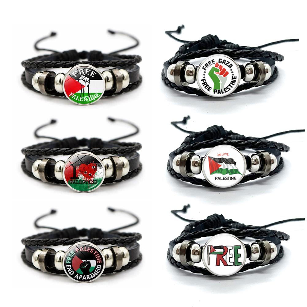 Palestine Charm Leather Bracelet Palestinian Flag Woven Beaded Jewelry for Women Men