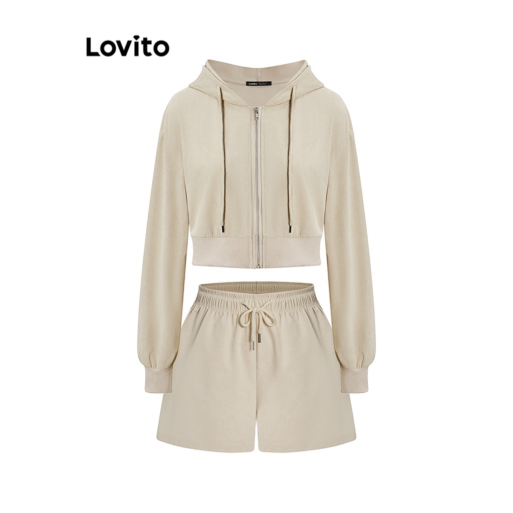 Reliable Essential Lovito Casual Plain Zipper Elasticwaist Shorts Sets Women L62ED110 (Top/Shorts) Set Celana Pendek ... - Image 2
