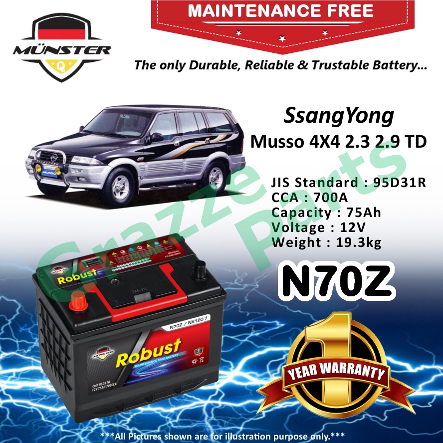 Münster Robust MF CMF N70Z | N70ZR | NX120-7R | 95D31R (75AH) Car Battery Bateri Kereta SsangYong Mu