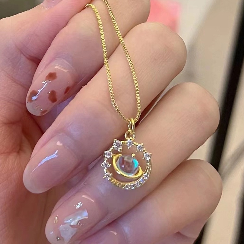 Simple Women Fashion Gold Dream Planet Titanium Steel Zircon Diamond Pendant Necklace Jewelry