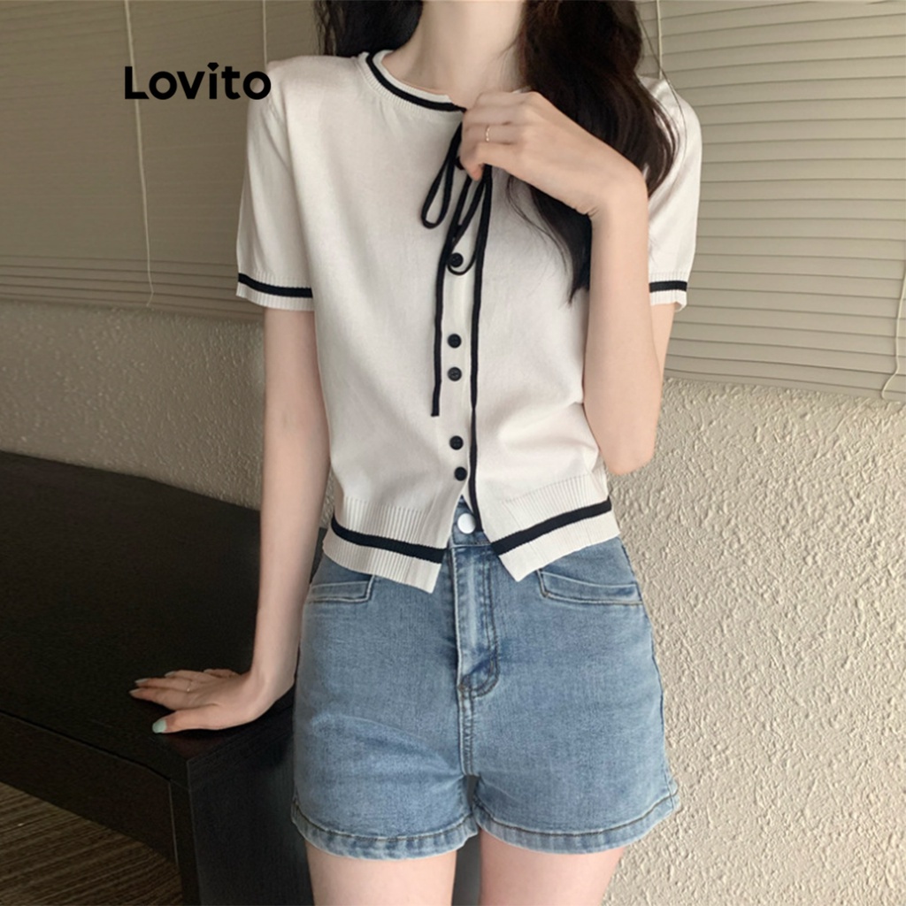 Purpose Multi Lovito Elegant Plain Tie Front Contrast Binding Button Knit Top Women LNL01001 (White/Black) Ang Atasan - Image 3