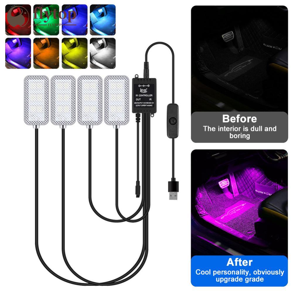 FLYTOP 4Pcs/Set 12V 5V USB LED Car Interior Atmosphere Backlight Ambient Mood Foot Light Decorative APP Remote Control Lamp Auto Accessories H2O5
