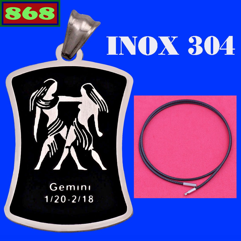 Zodiac - Stainless steel Gemini pendant (Gemini) with black rubber strap necklace