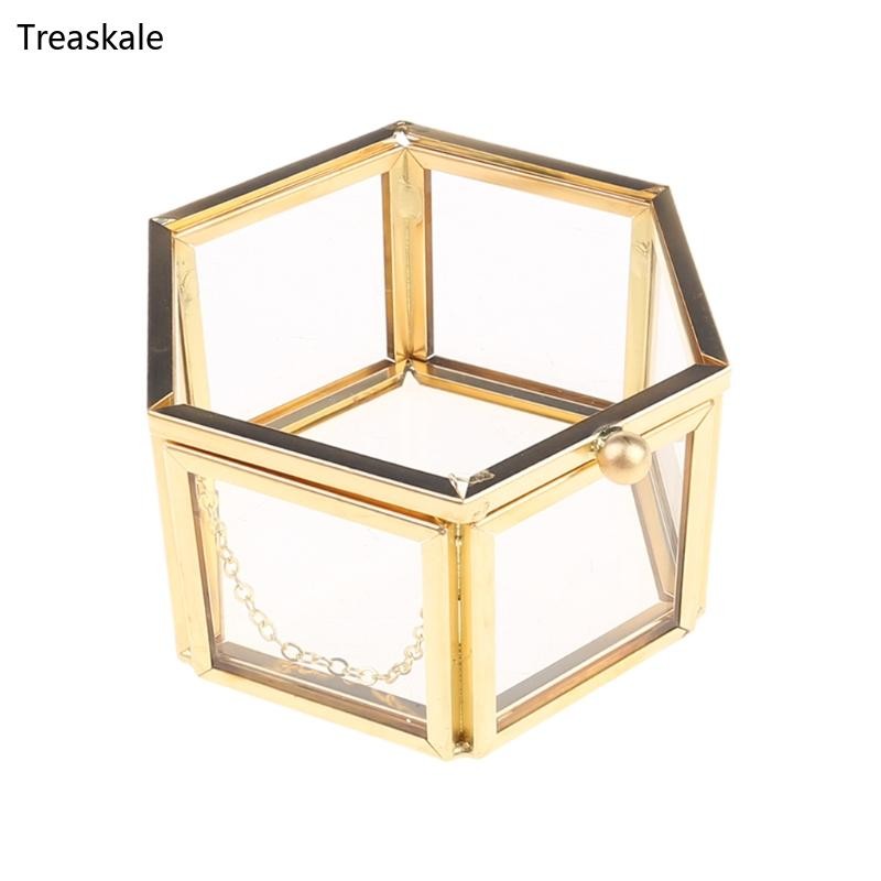 TREA Clear Glass Jewelry Box Hexagon Premium Gorgeous Vintage Ring Box with Lid for Trinket Container Jewelry Storage