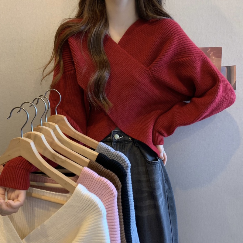 【5 Color】Retro Versatile Long Sleeve Knit Spring Autumn Thin Fashion Irregular V-Neck Temperament Top