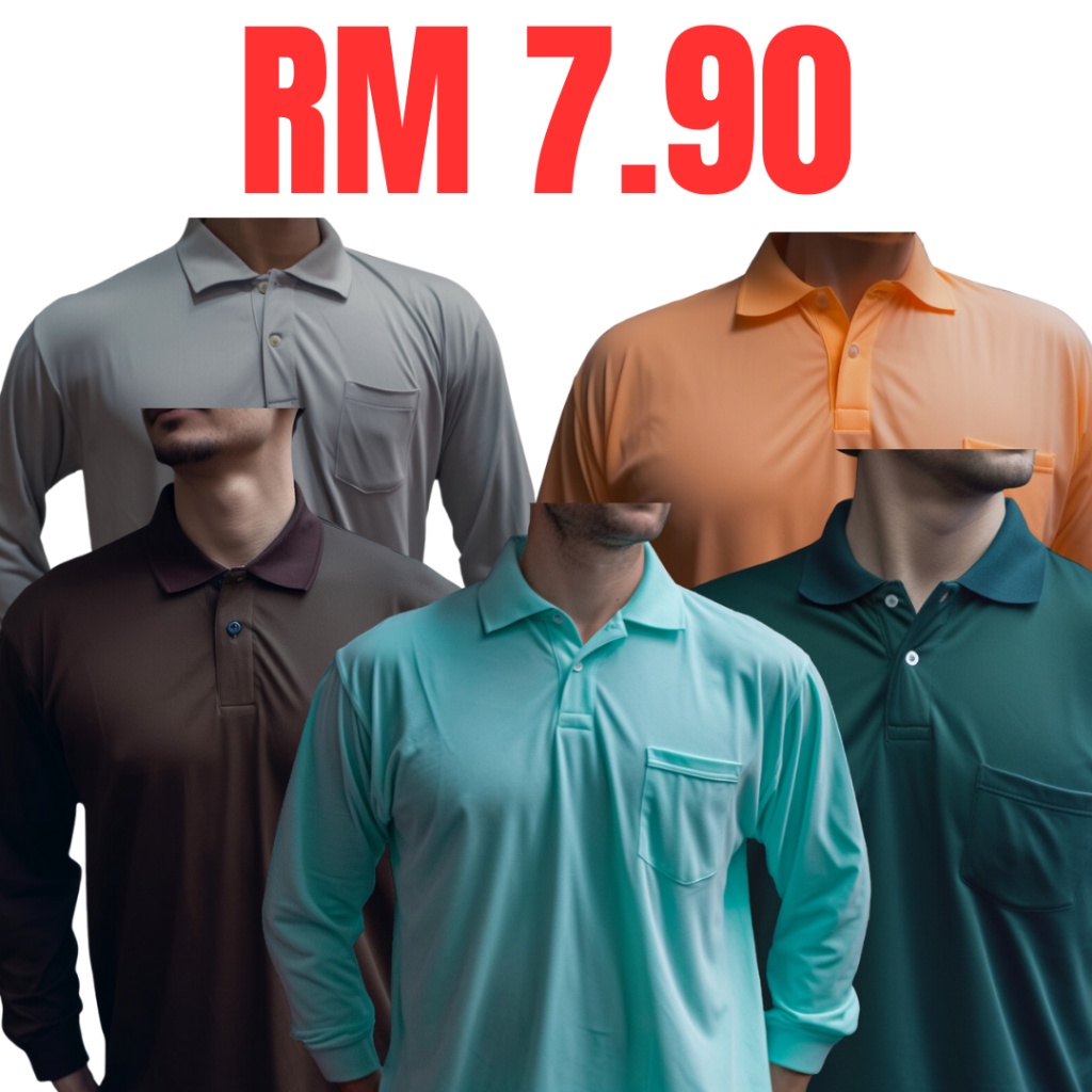 Kain Polyester Polo T-shirts Berkolar Lengan Panjang Ada Poket Kocek Baju Kerja Baju Kebun Durian Sawit Long Sleeves