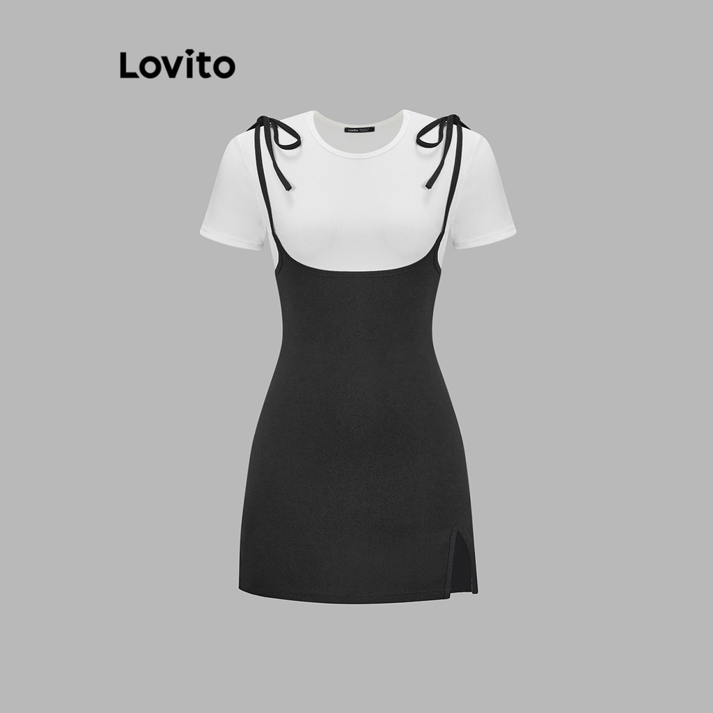 Purpose Durable Lovito Casual Plain Split Skirt Set Women LNE16197 (Top/Skirt/Suit) Rok Terbelah Polos Kasual untuk W... - Image 3