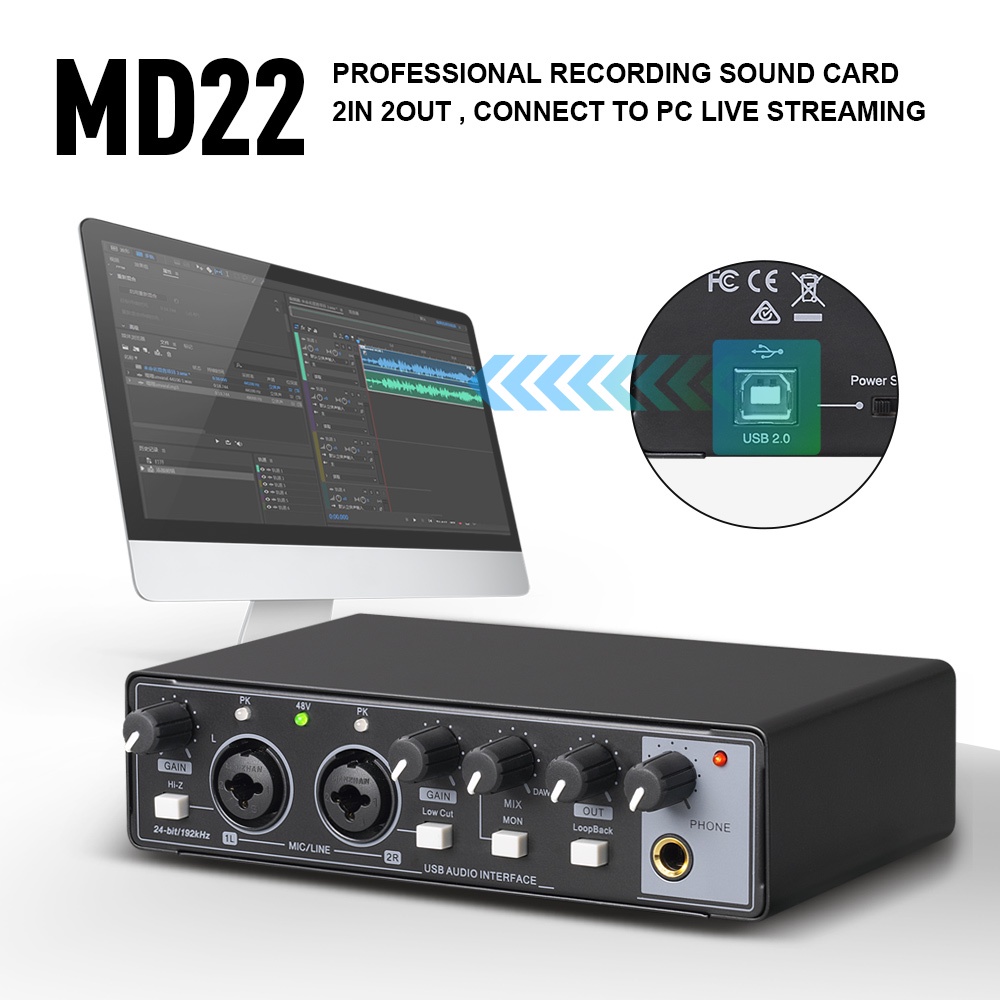 Local WOW MD22 Professional usb Audio interface Guitar sound card Recording full set mixer audio apply to live streaming equipment Singing Computer karaoke sound card pc