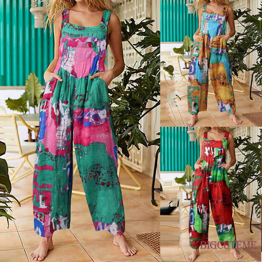 []-Women Loose Style Jumpsuit  Square Collar Sleeveless Off-the-shoulder One-piece  Yellow/ Green/ Red