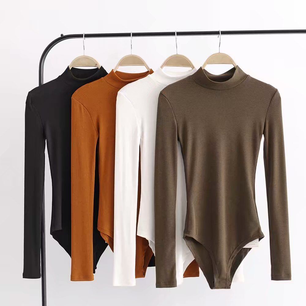 2023 Autumn New Slim Fit Versatile Half High Neck Long Sleeve Jumpsuit with Bottom Thread T-shirt for Women