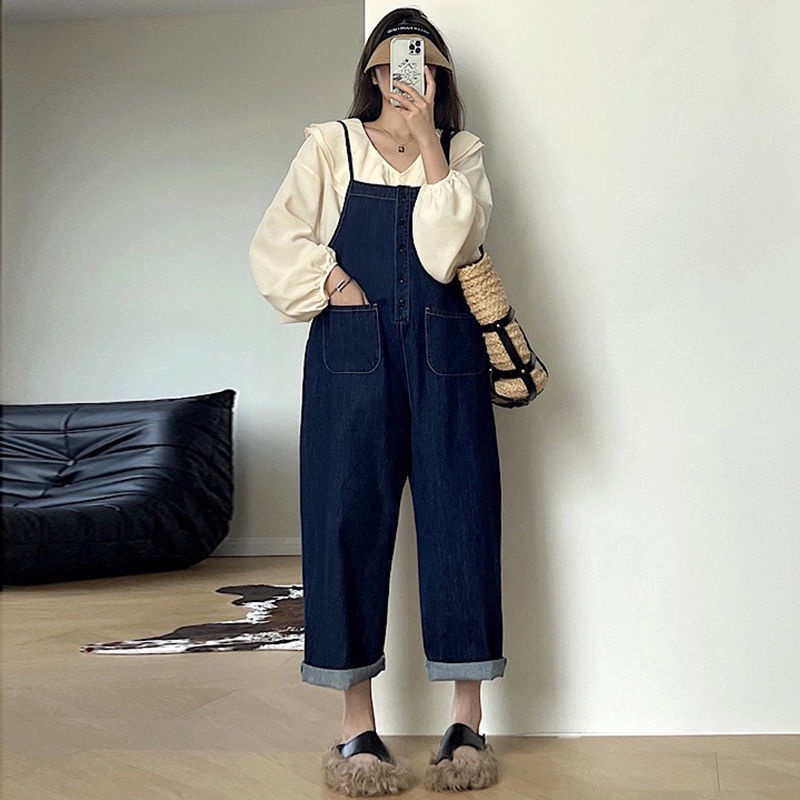 S-5XL Large Size Suspenders Overalls Jeans Age-Reducing Temperament Retro Denim Overalls Women Large Size Pear Shape Body Straight Wide-Leg Jumps