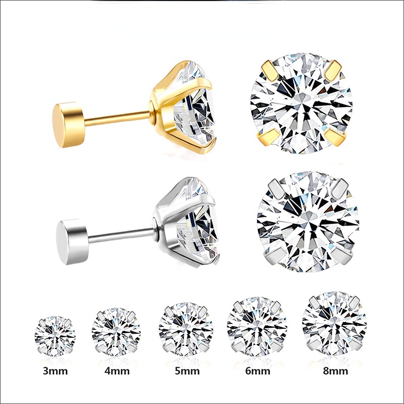 1Pairs/2Pcs Stainless Steel Crystal Studs Earrings For Women Men 4 Prong Tragus Round Clear Cubic Zirconia Ear Jewelry