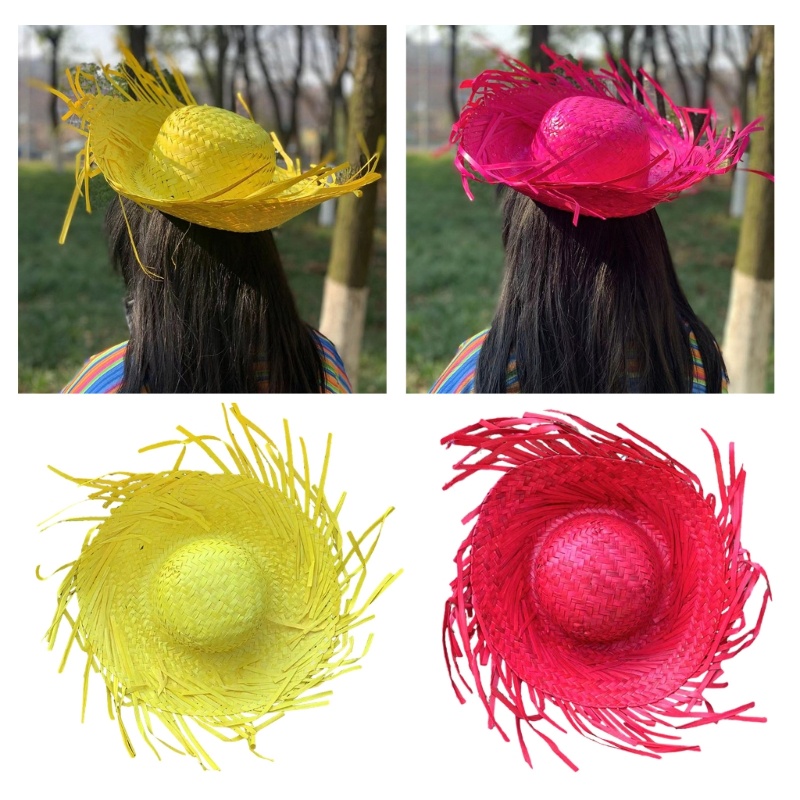 lu Mexicanos Sombrero Hat Handmade Straw Hat Hawaiian Styles Dress Up Props Straw Hat with Ripped Brim