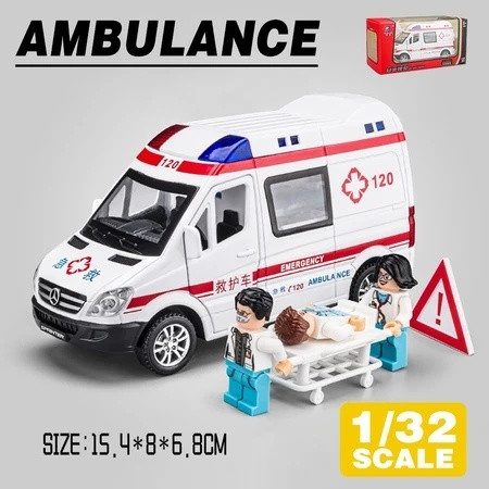 NEW 1:32 Benz Ambulance 120 Metal Alloy Toys Car Model Diecast Vehicle For Boys Kids Simulation Sound Light Effect Gift Hobbies Collection
