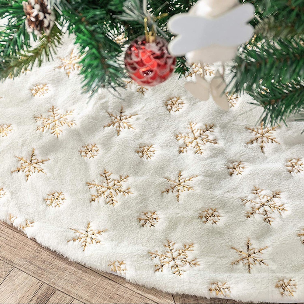 Mini Size Snowflake Star Christmas Tree Skirt / Xmas Soft Plush Sequin Carpet / Washable White Faux Fur Winter Floor Mat / New Year Home Decoration Party Supplies