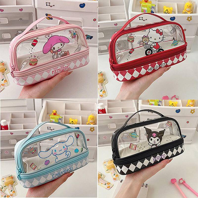 Have Versatile Sanrio Cartoon Mymelody Kuromi Cinnamoroll Pencil Case Student Simple Plaid Multi Layer Large Capacity... - Image 2