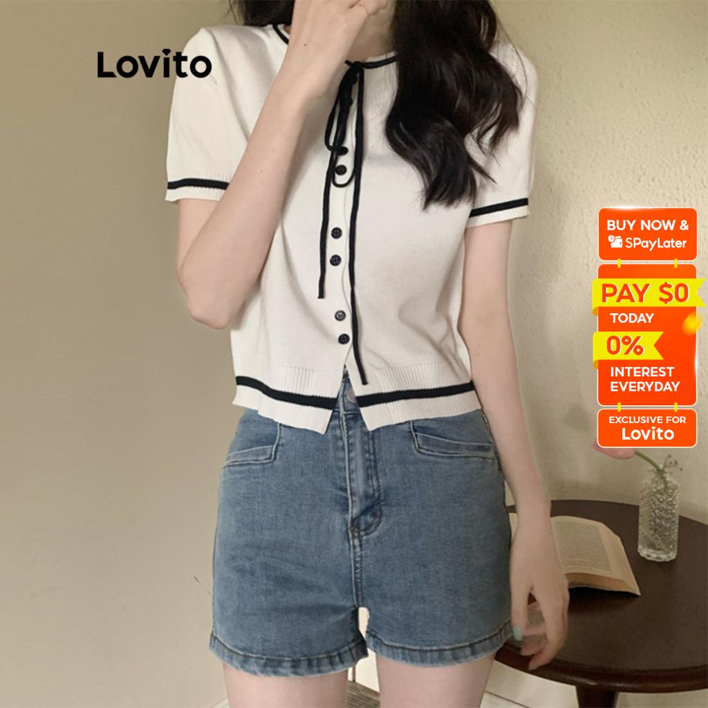 Purpose Multi Lovito Elegant Plain Tie Front Contrast Binding Button Knit Top Women LNL01001 (White/Black) Ang Atasan - Image 4